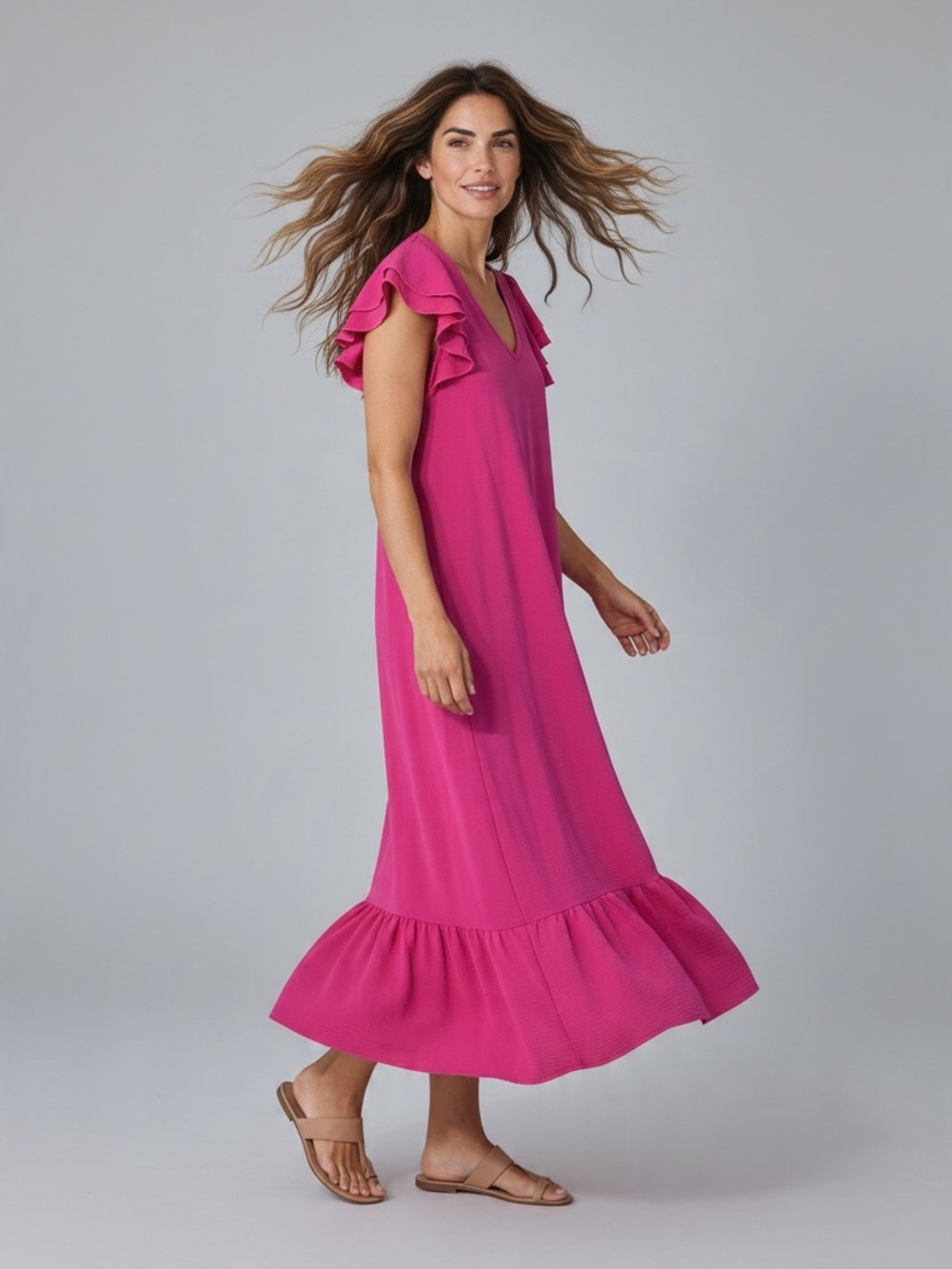JODIFL Hot Pink Ruffle Sleeve Maxi Dress